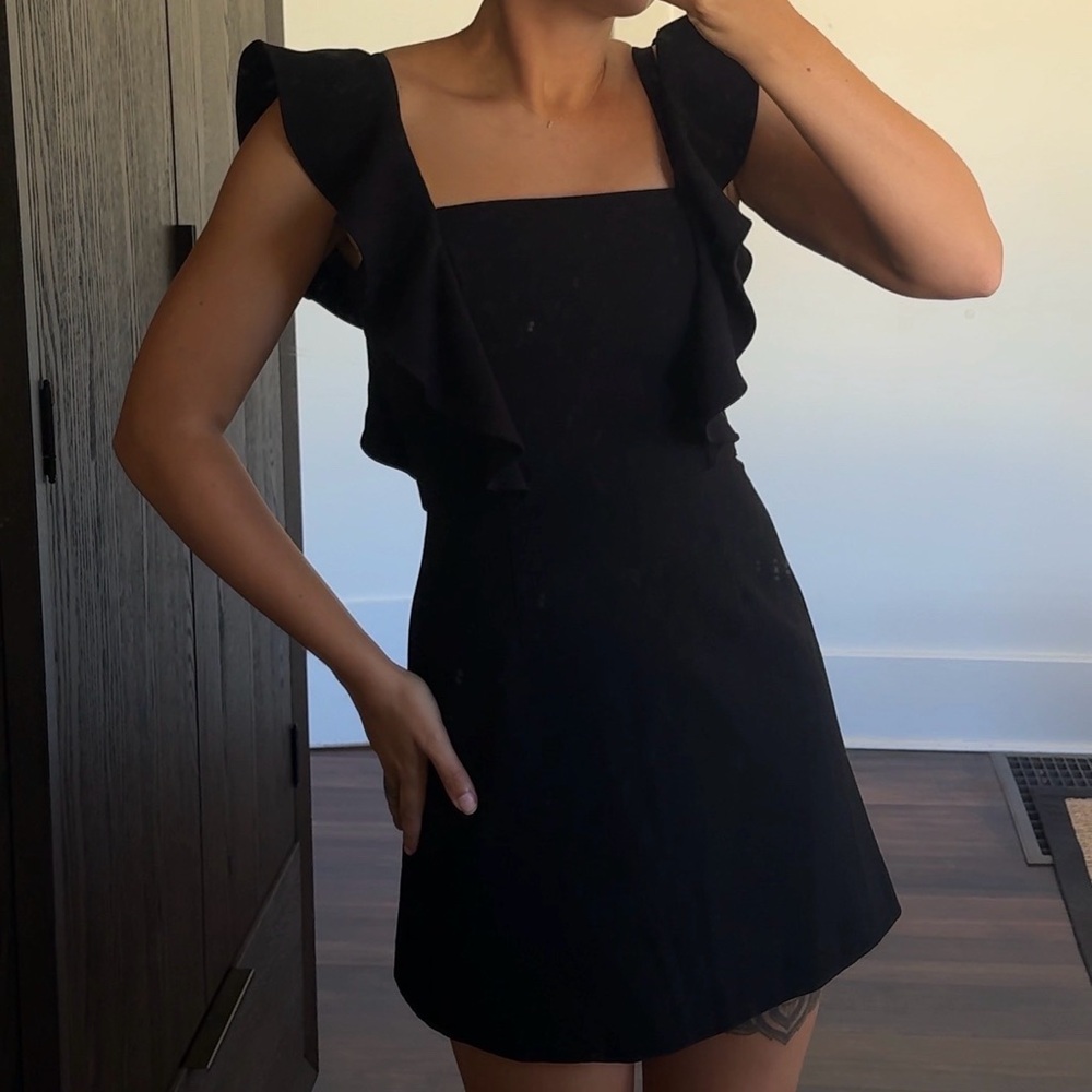 French Connection Black Mini Dress with Ruffle Sleeves